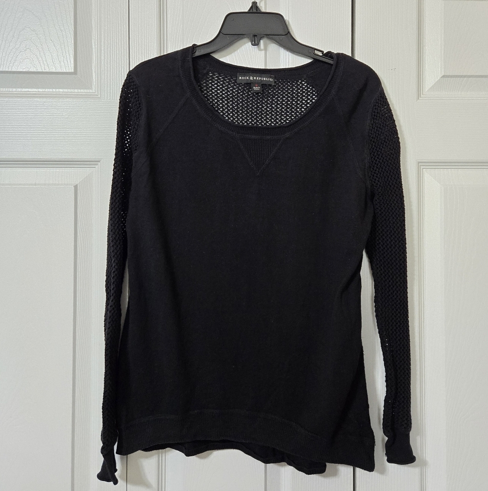 Rock & Republic Black Sweater with Open Knit Stich on Back & Arms, Small, EUC